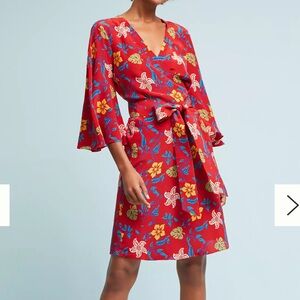 Anthropologie NWT Maggie Boho 100% Silk Bell Sleeve Wrap Midi Dress Size Medium